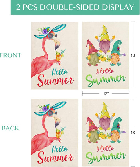 2 Pack Summer Garden Flags 12x18 Double Sided, Vertical Burlap Hello Summer Flamingo Garden Flag, Gnome Yard Flag for Home Outdoor Seasonal Decor...