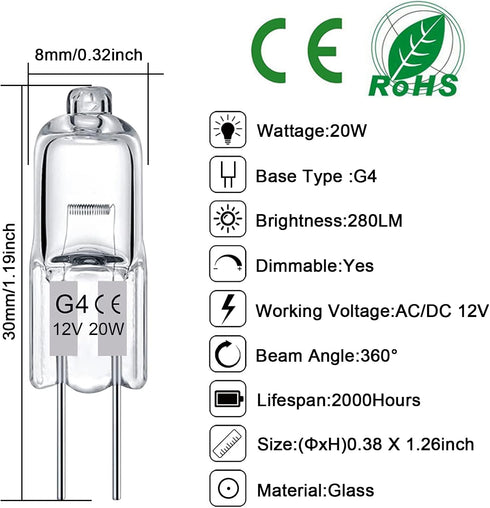 G4 Halogen Bulb 12V 20W, 12 Pack G4 Light Bulb Dimmable, T3 JC Type G4 Base Bi-Pin Bulb, for Under Cabinet Puck Light, Chandeliers, Landscape Ligh...