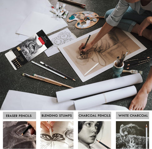 Charcoal Drawing Set -12 pc Black charcoal pencils, White Charcoal Pencils, Eraser Pencils, Blending Stumps for Drawing, Sketching, Shading, Artis...