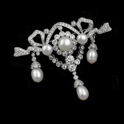 Magnificent Vintage Clear White Ribbon Trio Pearl Drop Brooch Pin Edwardian Jewelry...