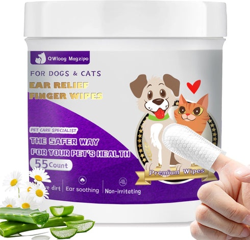 Dog Ear Finger Wipes for Dogs & Cats-Gently Remove Ear Wax,Ear Soothing and Cleaning,Natural ingredients-55 Count...