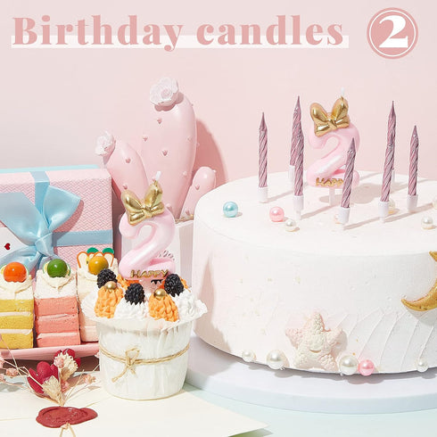 BBTO Number 2 Birthday Candle Pink Birthday Candle Girl with 10 Pieces Pink Candles Long Thin Cupcake Candles in Holders for Cake Topper Birthday ...