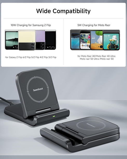 Wireless Charger for Samsung Z Flip 6, SwanScout 501S, Foldable Fast Wireless Charging Stand for Galaxy Z Flip 6/5/4/3, Charging Station for Samsu...