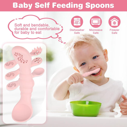 Silicone Baby Spoons Self Feeding 6+ Months, 3PCS Toddler Forks and Spoons Utensils Baby Led Weaning Teething Spoon Infant Spoons First Stage Newb...