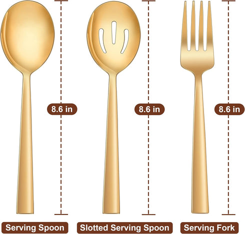 LIANYU 2 Gold Serving Spoons, 2 Gold Slotted Serving Spoons, 2 Gold Serving Forks, 8.6 Inch Stainless Steel Metal Serving Spoons Forks for Buffet ...