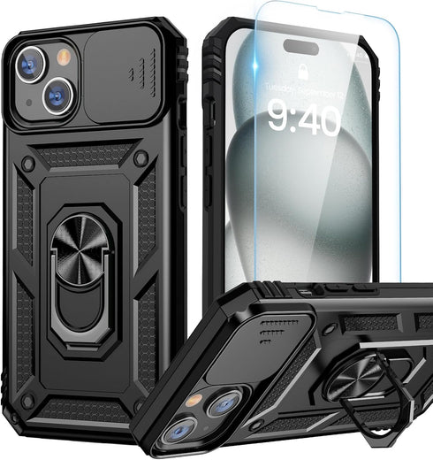 Goton for iPhone 15 Plus Case with Screen Protector - Slide Camera Cover Protective Phone Case with Ring Stand, Heavy Duty Shockproof Rugged Bumpe...