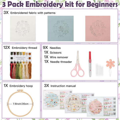 UXORSN 3 Sets Embroidery Kit for Beginners Adults Learn 30 Different Stitches Cross Stitch Starter Kits Including Fabric with Stamped Flower Patte...