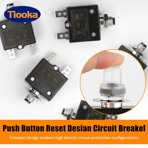 10A Manual Reset Button Circuit Breaker 2 Pack 125/250V AC 50V DC Thermal Overload Protector with Quick Connect Terminals and Waterproof Button Ca...