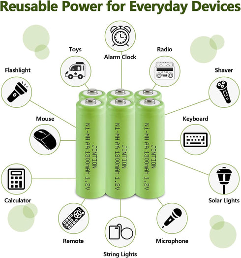 JINTION Ni-MH AA Rechargeable Batteries, Double A High Capacity 1.2V 1300mAh Pre-Charged for Garden Landscaping Solar Lights, String Lights, Remot...