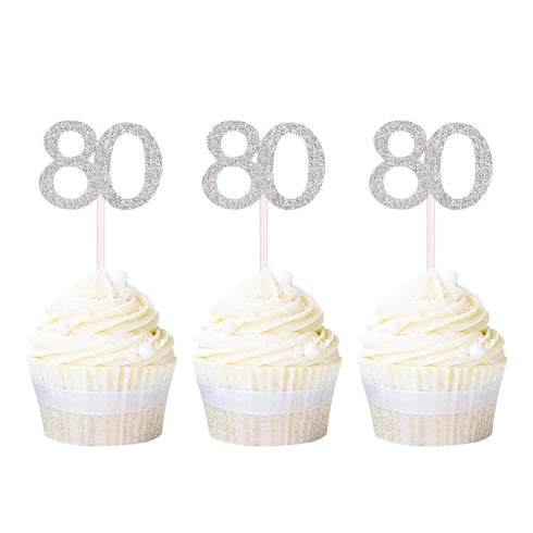 Newqueen Numbers 80 Cupcake Toppers Silver Glitter 80th Birthday Cupcake Picks Anniversary Party Cake Decorations Supplies 24 PCS...
