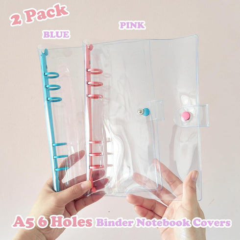 A5 Binder 6-Ring Clear Binder Notebook Cover, 2 Pack Pink + Blue Round Ring, A5 Planner Budget Binder with Snap Closure (A5, Clear Cover + Pink/Bl...