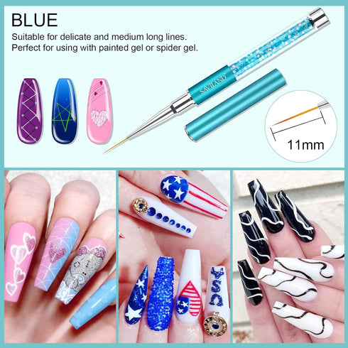 Saviland 6pcs Nail Art Liner Brushes Set - Nail Gel Polish Painting Nail Art Design Brush Pen Set with Crushed Diamond Rhinestones Handle for Pull...