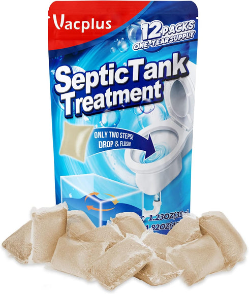 Vacplus Septic Tank Treatment - 12 Packs for 1-Year Supply, Flushable & Dissolvable Septic Tank Treatment Packets with Easy Operation, Biodegradab...