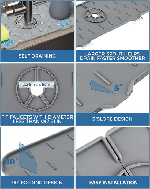 Kitchen Sink Splash Guard - Silicone Faucet Handle Drip Catcher Tray, Dish Soap Dispenser and Sponge Holder Mat Behind Faucet, Kitchen Gadgets Sin...