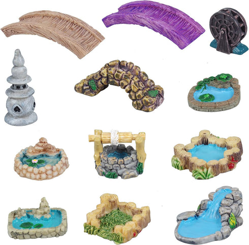 Dong Huang 12pcs Mini Fairy Garden Accessories Kit, Micro Landscape Decoration Pond Bridge Ornaments, Miniature Figurines for Potted Plant Bonsai ...