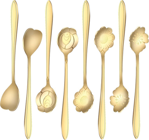 8 Pcs Flower Dessert Spoons, Coffee Teaspoon Set Stainless Steel Tableware Sugar Spoon Small Tea Spoons Cafe Bar Spoon Cute Coffee Teaspoon Mini T...