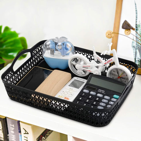 Large Plastic Storage Basket Tray with Handle, Black, Pack of 6...