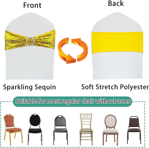 Sequin Chair Sashes Stretch Chair Bands Spandex Polyester Bows for Party Hotel Wedding Banquets Decoration -Gold 6 Pcs...