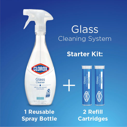 Clorox Glass Cleaner Cleaning System with one Reusable Bottle Plus 2 Refill Cartridges, Household Essentials, 3 Piece Set...