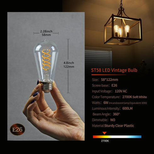 ST19(ST58) 6W LED Edison Bulb, Vintage Softy White 2700K, Antique Flexible Spiral LED Filament Light Bulb, Non-Dimmable, 600LM, 6W Equivalent to 6...