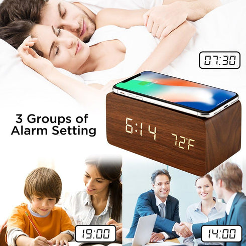 OCT17 Alarm Clock with Qi Wireless Charging Pad Compatible with iPhone Samsung Wood LED Digital Clock Sound Control Function, Time Date, Temperatu...