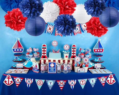 Nautical Party Decor Pom Poms Tissue Paper Lanterns Navy Blue Decorations for Baby Shower Boy Scout Banquet Birthday Party Nursery Decorations Bri...