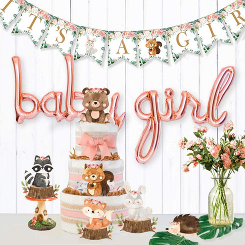 Ola Memoirs Woodland Baby Shower Decorations for Girl - Woodland Creatures It's A Girl Banner, Boho Floral Forest Animals Cutouts, Rose Gold Baby ...