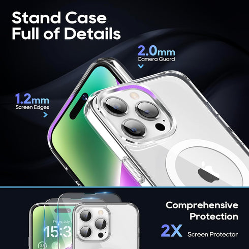 Magnetic Case for iPhone 15 Pro Max Case with Stand, Slim Kickstand with Screen Protector Compatible with Magsafe Shockproof Crystal Clear Cases P...