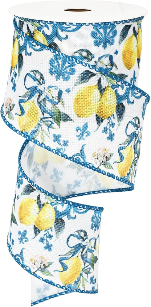 Lemon Wired Edge Ribbon Yellow Blue Tile Fabric Ribbon Spring Summer Craft Ribbon for Birthday Wedding DIY Wreath Bow Making, 12 Yard...