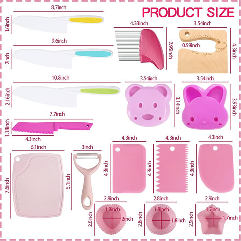 19 PCS Wooden Kids Kitchen Safe Knife Set with Wood Kids Knife, Plastic Potato Slicers, Serrated Edges Plastic Toddler Knife, Cake Scraper, Crinkl...