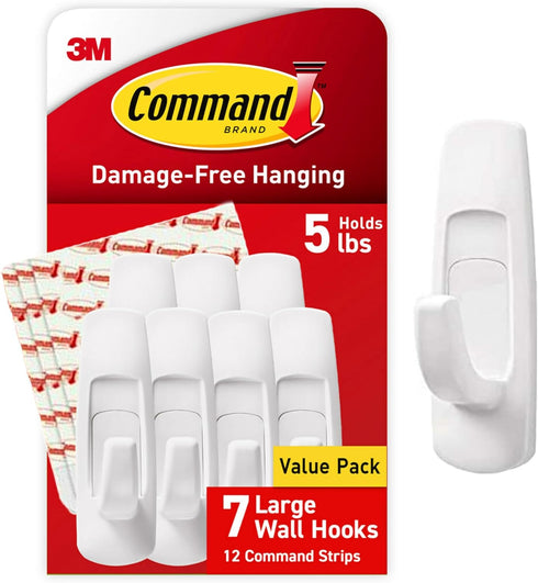 Command 5 lb Large Utility Hooks, 7 Wall Hooks and 12 Command Strips, Damage-Free Hanging with Adhesive Strips, No Tools for Hanging, Organization...