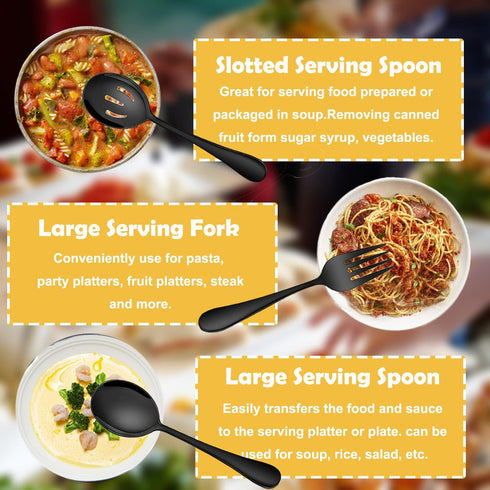 6 PCS Stainless Steel Serving Utensils, Large Serving Spoons Slotted Spoons, Forks, Ice Suger Tongs, Cake Server, Soup Ladle, Metal Utensils Set G...