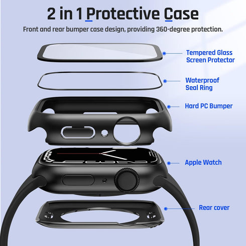 Goton 2 in 1 Waterproof Case for Apple Watch Screen Protector 44mm SE 2nd Gen Series 6 5 4 SE, 360 Protective Glass Face Cover Hard PC Bumper + Ba...