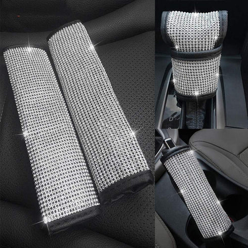 Uphily Bling Bling Seat Belt Pads for Car, Crystal Rhinestone Handbrake Cover, Diamond Shift Gear Knob Cover for Girls or Women...