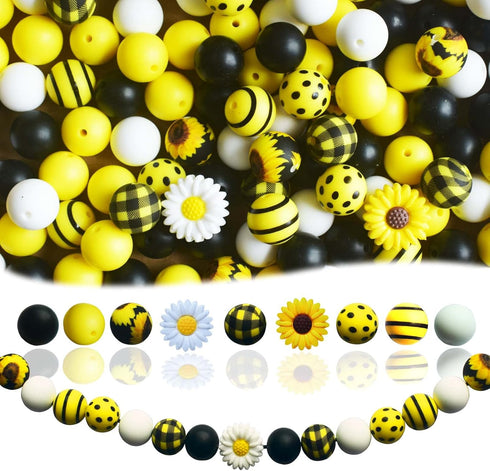 128pcs Silicone Beads Bracelet Making Kit Beads, 15mm Silicone Beads Yellow Black White Round Silicone Beads Bulk, Sunflower Craft Beads for DIY K...