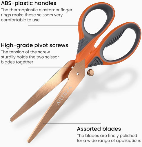 Arteza Craft Scissors, Set of 3, 8-Inch Scissors with Different Blades, Titanium Nonstick Stainless Steel Blades, Craft Supplies for Scrapbooking,...