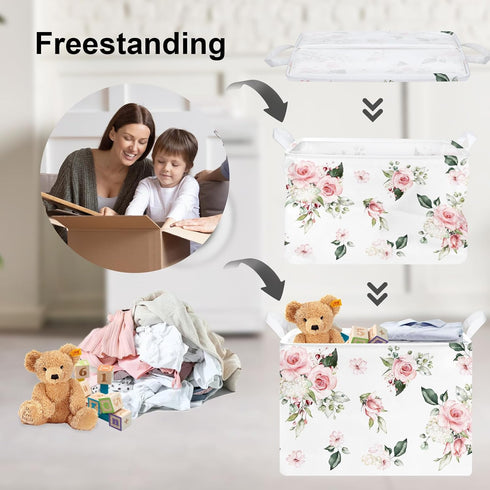 Clastyle Rectangle Rose Floral Baby Girl Gift Basket Outdoor Towel Storage Pool Toy Beach Blanket Basket Pink Flower Shelf Basket for Clothes Toy ...