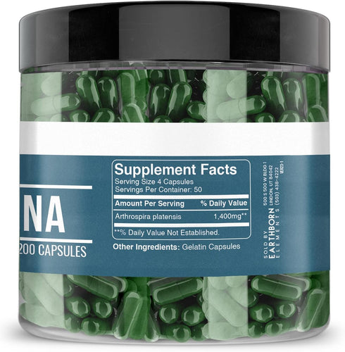 Earthborn Elements Spirulina 200 Capsules, Pure & Undiluted, No Additives...