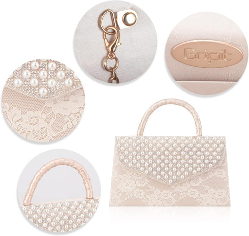 Pearl Clutch Bride Bag and Lace Eenvelope Purse for Women Evening Prom Clutch Handbags Beaded Wedding Purses for Women Formal Clutch Purse,Beige...