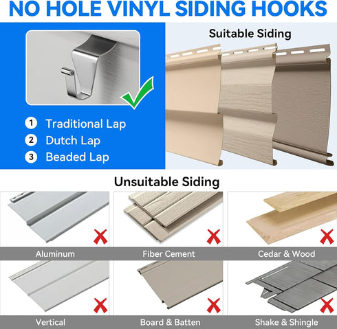 MIUKAA Vinyl Siding Hangers Hooks (8 Pack), Sturdy No Hole Hooks for Hanging Outdoor, Clips to Hang String Lights & Decorations, Garland Wreath Ha...
