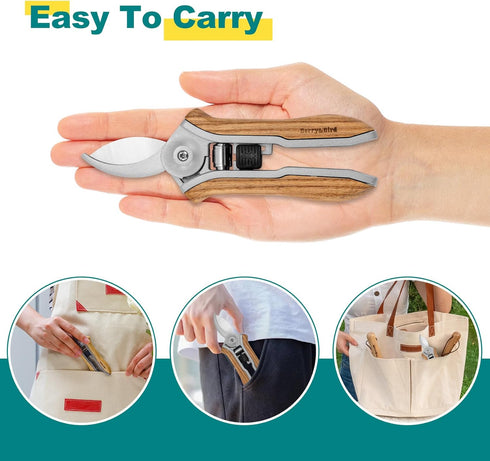 Berry&Bird Mini Pruning Shears for Gardening Curved Blades Hand Pruners with Wooden Handle Garden Scissors Snips Stainless Steel Trimming Small Cl...
