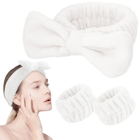 Spa Headband and Wristband Set 3PCS Skincare Headbands Wrist Bands Face White Wash Headband Soft Makeup Elastic Facial Makeup Headbands Cute Bow H...