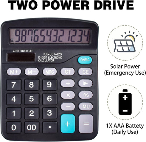 Solar Basic Desk Calculators with Big Buttons and Large Display, 12-Digit Calculators with Solar Power and AA Battery Dual Power Handheld Desktop ...