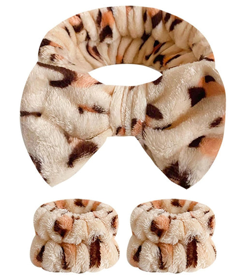 3PCS Spa Headband with Wristband Set,Makeup Headband, Bow Headband for Washing Face, Teen Girls Fuzzy Skincare Headbands, Hair Bands for Women Leo...