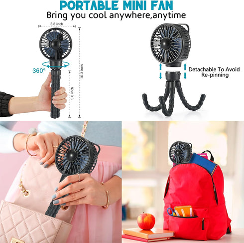 snawowo Mini Portable Stroller Fan, Battery Operated Personal Small Handheld Fan with Flexible Tripod, 3 Speed Rechargeable Clip On Fan for Car Se...