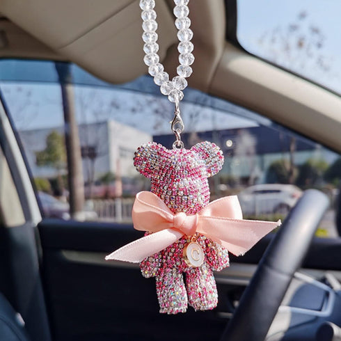 Cute Bling Bear Rear View Mirror Hanging Accessories Sparkle Hanging Ornaments Diamond Bear Charms for Car Mirror (Pink)...