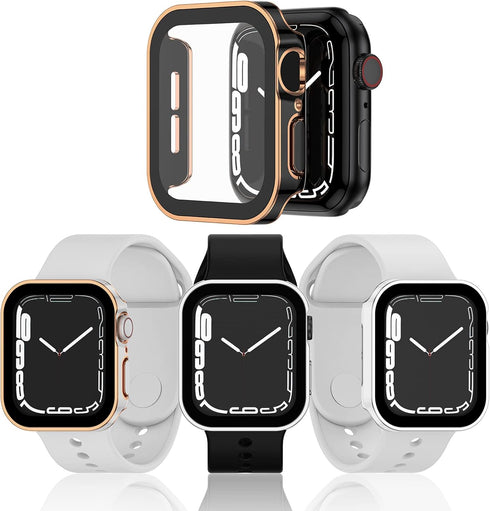 2 Pack Waterproof Case for Apple Watch Series 9 8 7 45mm, Straight Edge PC Bumper with Tempered Glass Screen Protector 360 Protective Cover for iW...