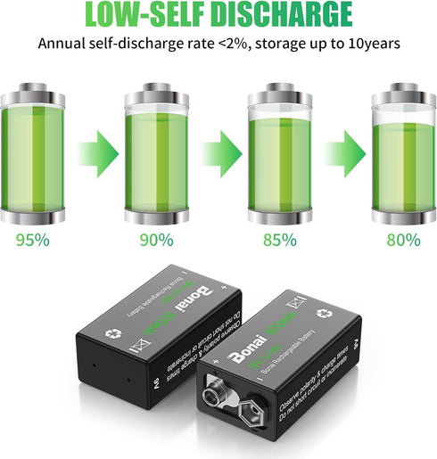 BONAI Rechargeable 9V Batteries 600mAh High Capacity 9V Rechargeable Batteries,(4 Pack) 9 Volt Lithium Batteries for Smoke Alarms Metal Detector e...