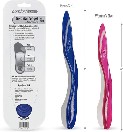 Comfort Zone Tri-Balance Gel Orthotic Insoles for Men, 3/4 Length Orthotic Inserts for Men‘s Shoe Sizes 8-12, 1 Pack...