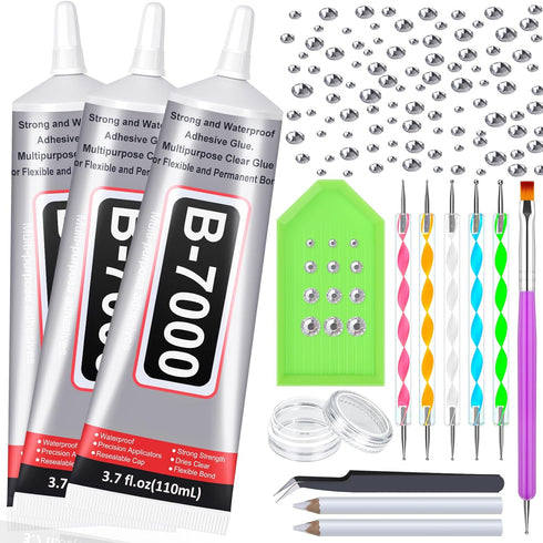 B-7000 Glue with Rhinestone Gems Kit for Crafts DIY Bead Stone Jewelry Include 3 x 110ML Clear B-7000 Glue Flatback Crystal Rhinestones Dot-Brush ...